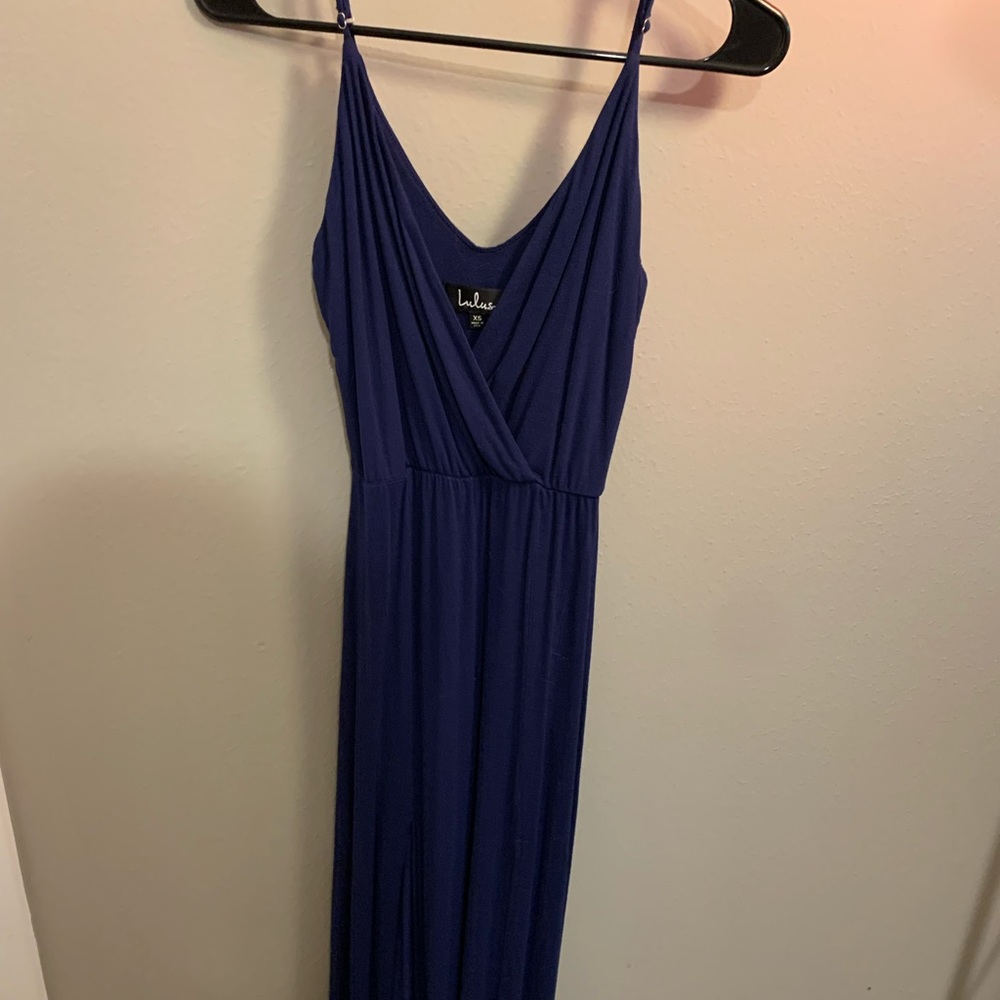 Lulu’s Dark Blue Cotton Maxi Dress with Slits